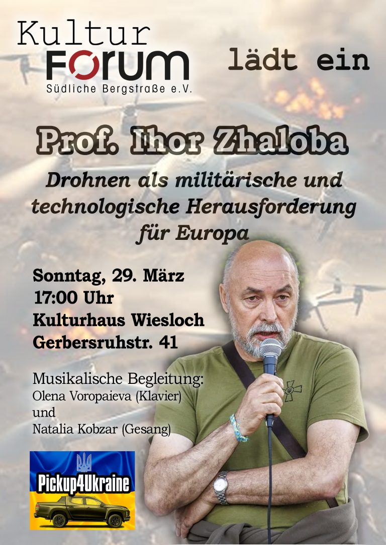 Poster, das Prof. Zhaloba zeigt und den Vortrag in Wiesloch ankündigt.